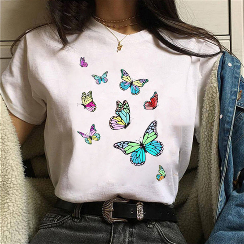 Printed White Ladies Casual Loose Personality Short Sleeves