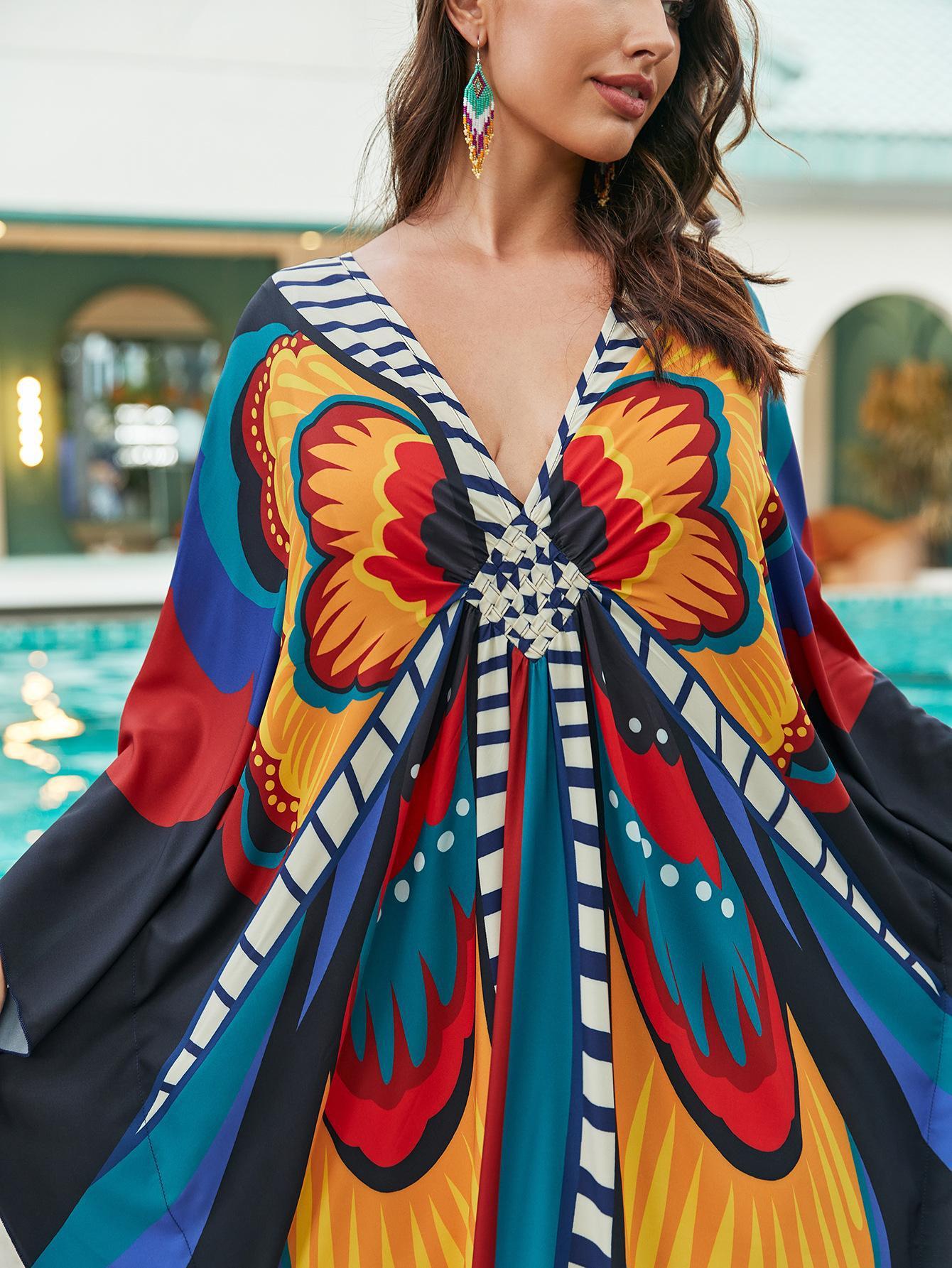 European And American Printed Chest Woven Beach Cover-up