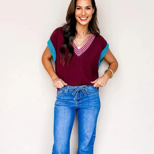 Burgundy Contrast Trim V Neck Cuffed Short Sleeve Loose Sweater
