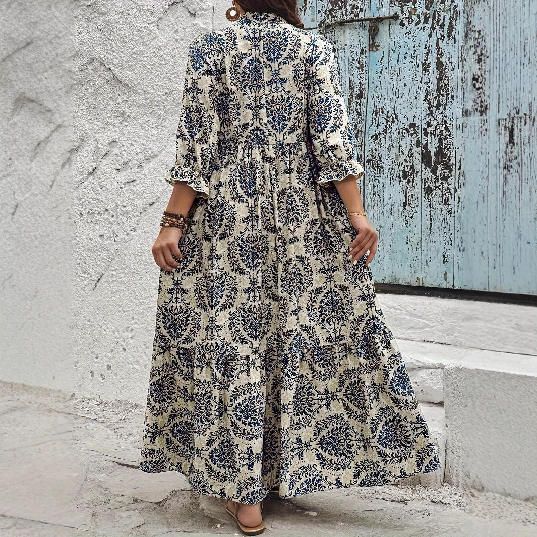 Printed V-neck Lace-up Swing Vacation Style Dress