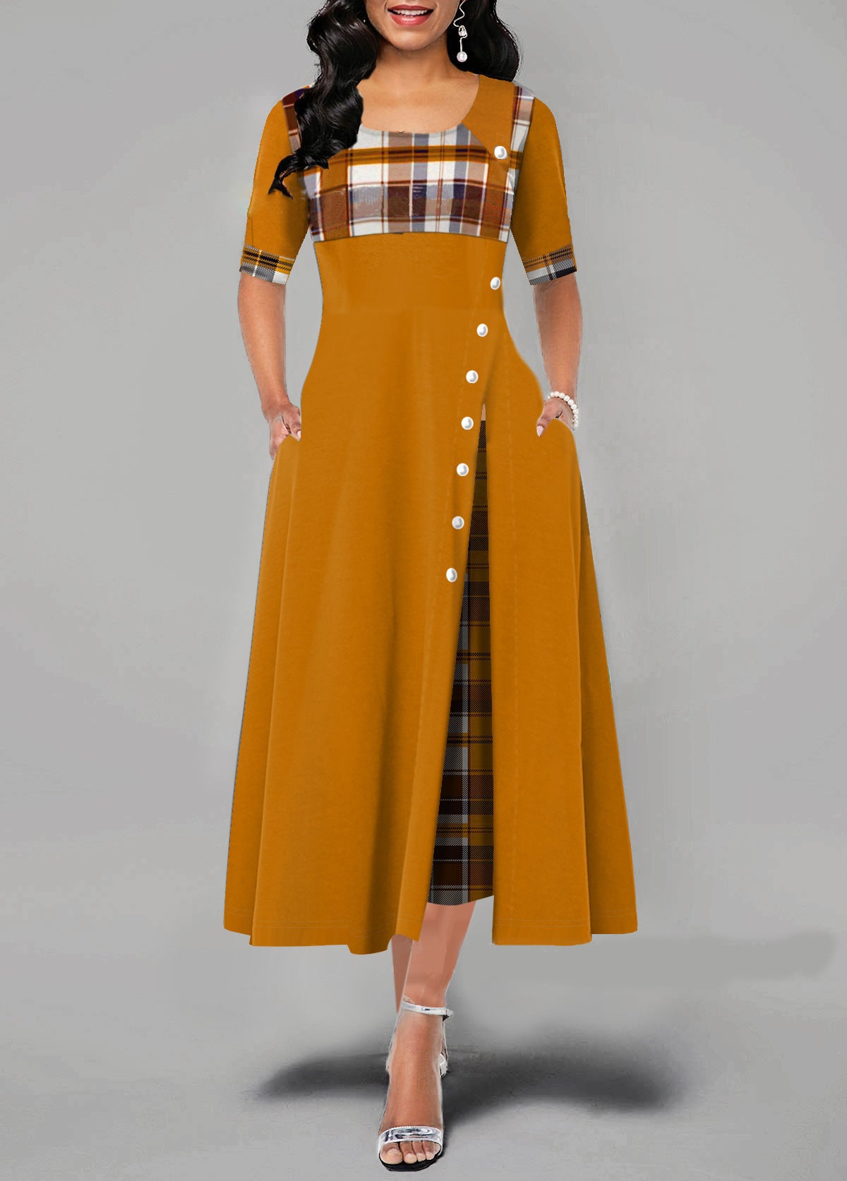 Women's Round Neck Contrast Mid Sleeve Irregular Long Dress