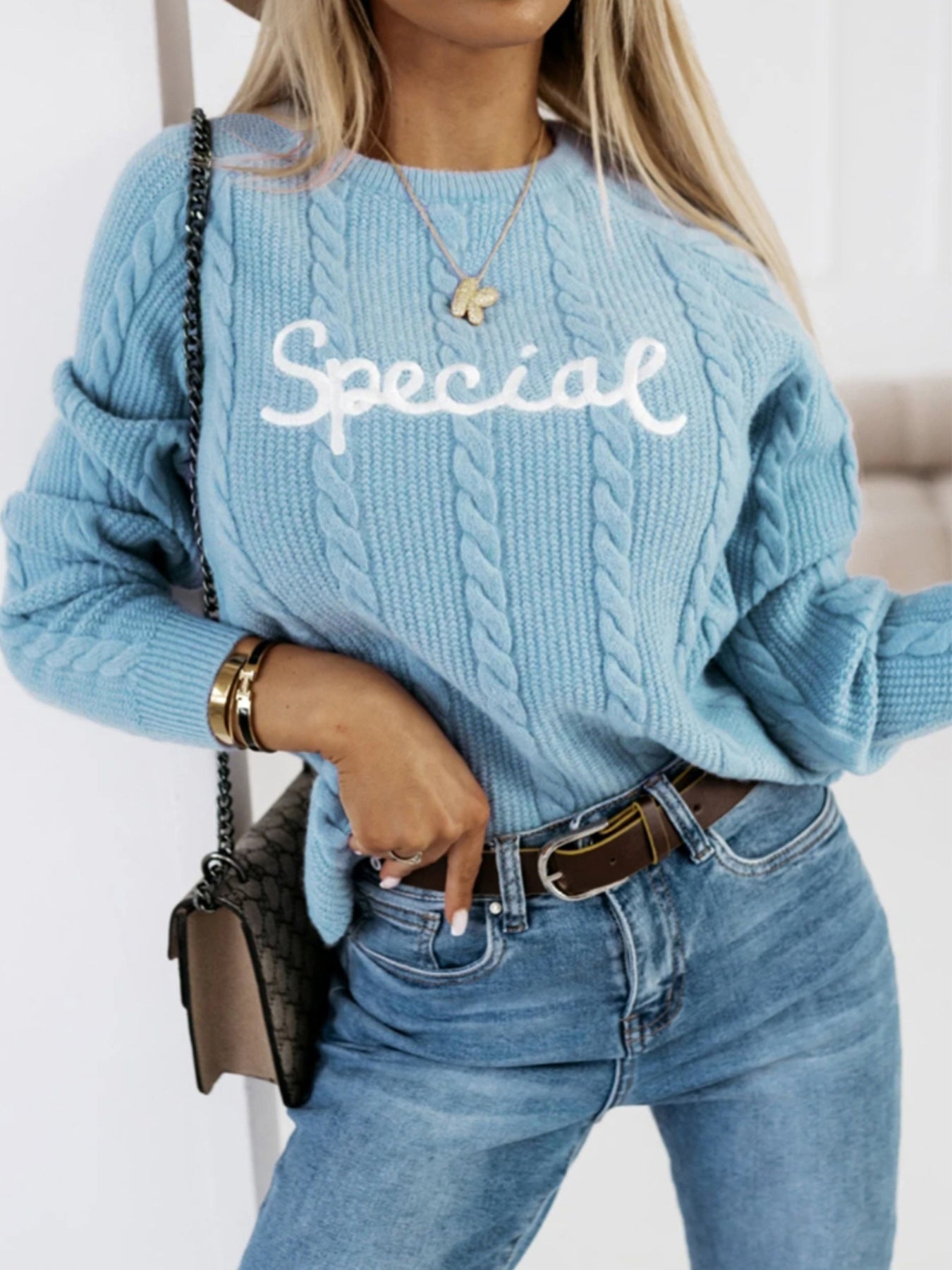 Leisure Pullover Letters Embroidered Crew Neck Knitwear