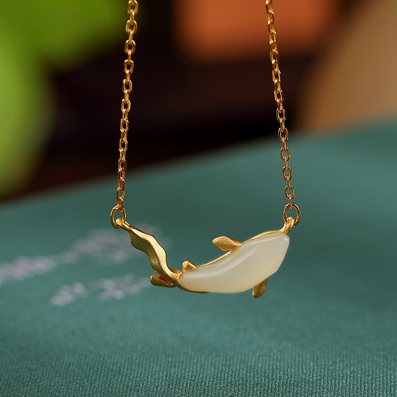 Sterling Silver Gold Plated White Jade Personality Dolphin Cute And Graceful Ladies' Pendant Silver Chain