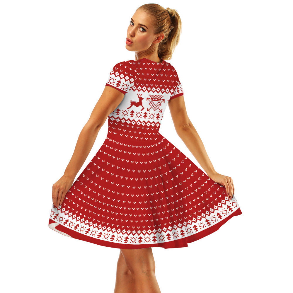 Christmas Elk Digital Print Parent-child Suit Short-sleeved Dress