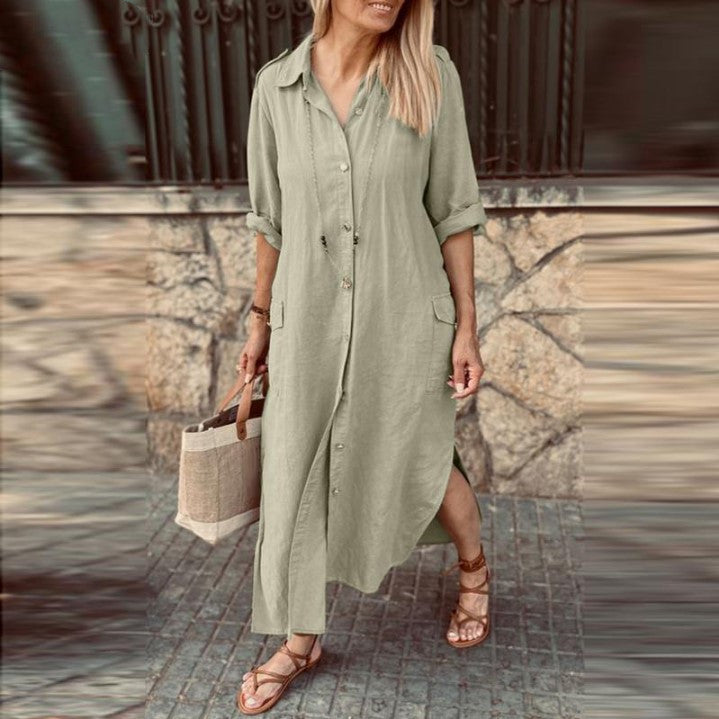 European And American Blouse Collar Cotton And Linen Button Long Dress