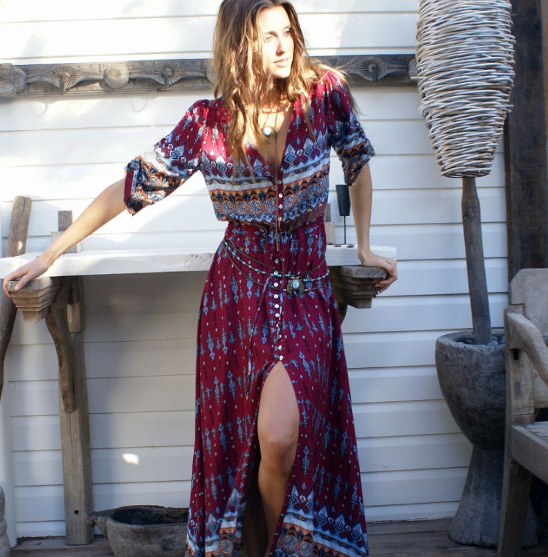 Thai holiday cardigan dress printed stretch beach skirt