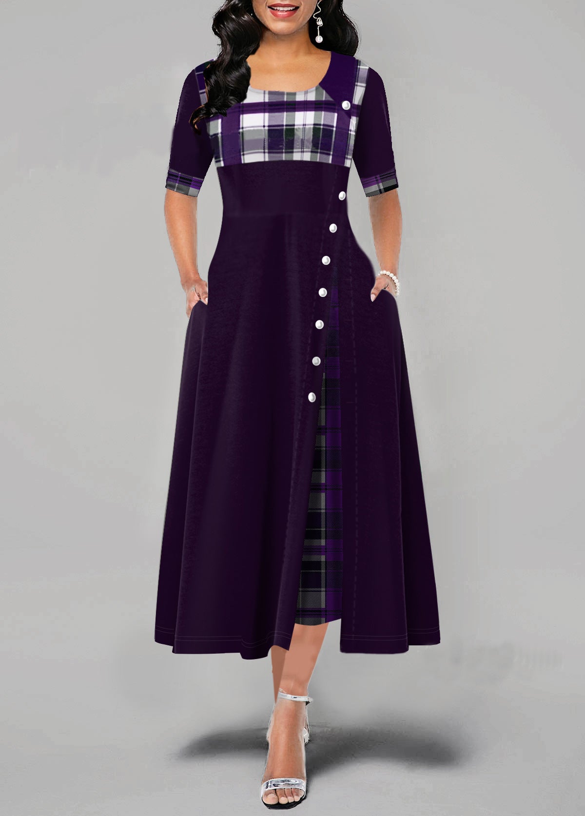 Women's Round Neck Contrast Mid Sleeve Irregular Long Dress