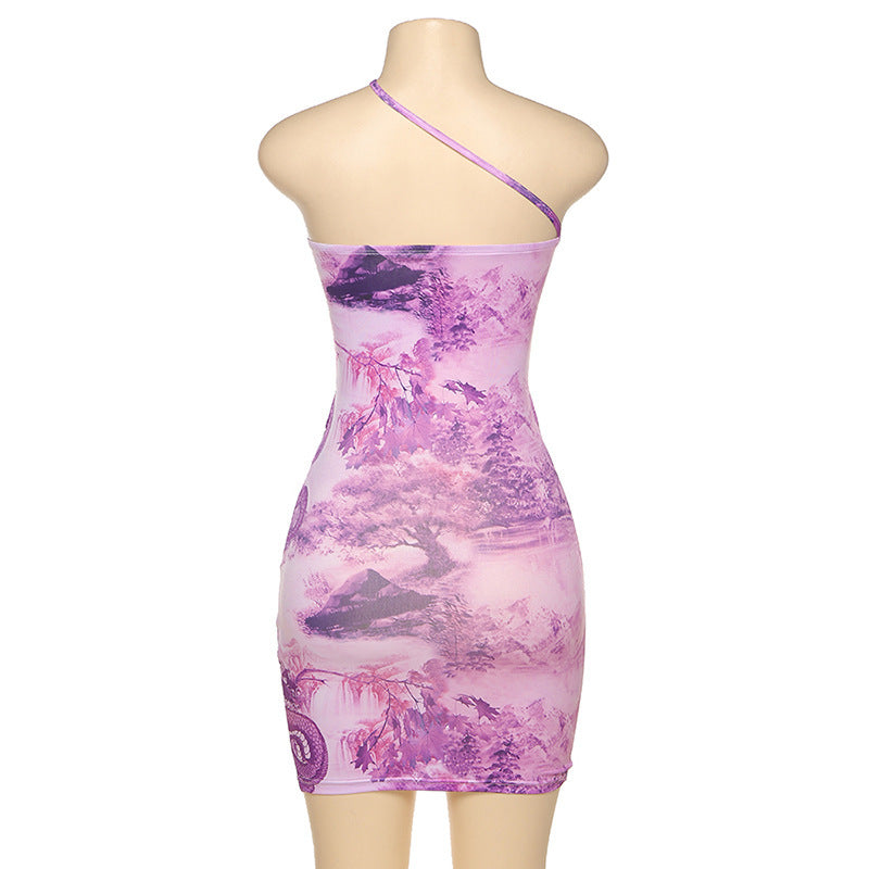 Hanging neck tube top sexy hollow print bag hip dress women
