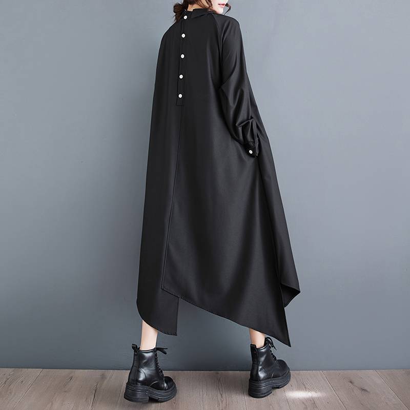 Korean Style Dark Black Bright Line Fashion Back Buttoned Dress