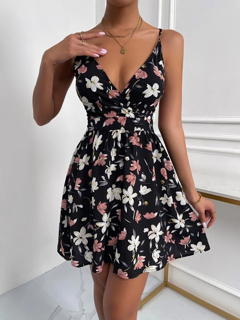 European And American Women's Elegant Suspender Skirt V-neck Pullover Sleeveless Print Dress