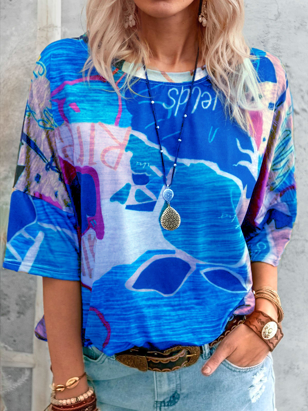 Fashion Ladies Round Neck Map Print T-shirt