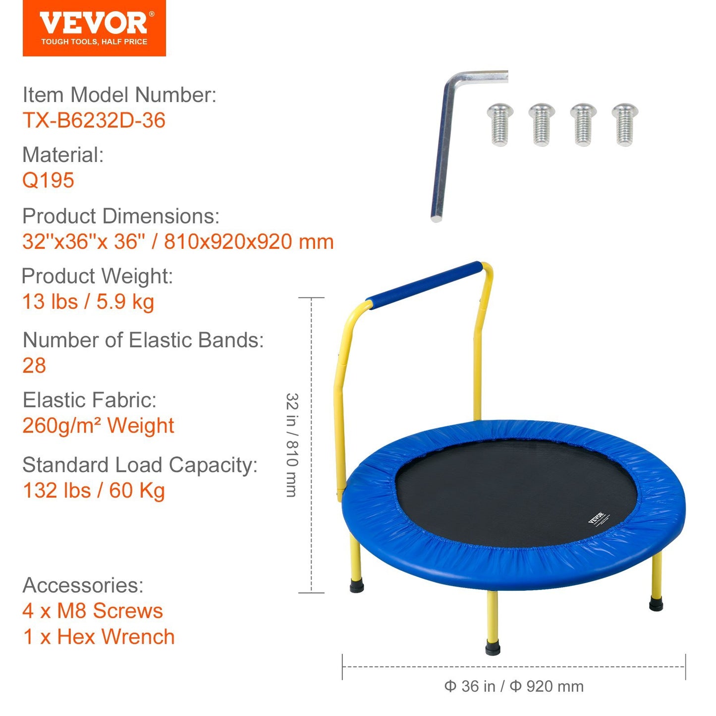 VEVOR 3FT Trampoline For Kids Indoor Outdoor Foldable Baby Toddlers Trampoline