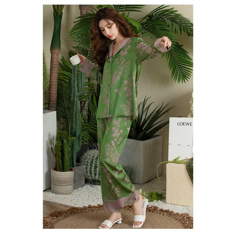 Ice Silk Pajamas Temperament Floral Long Sleeved Trousers Home Clothes Suit