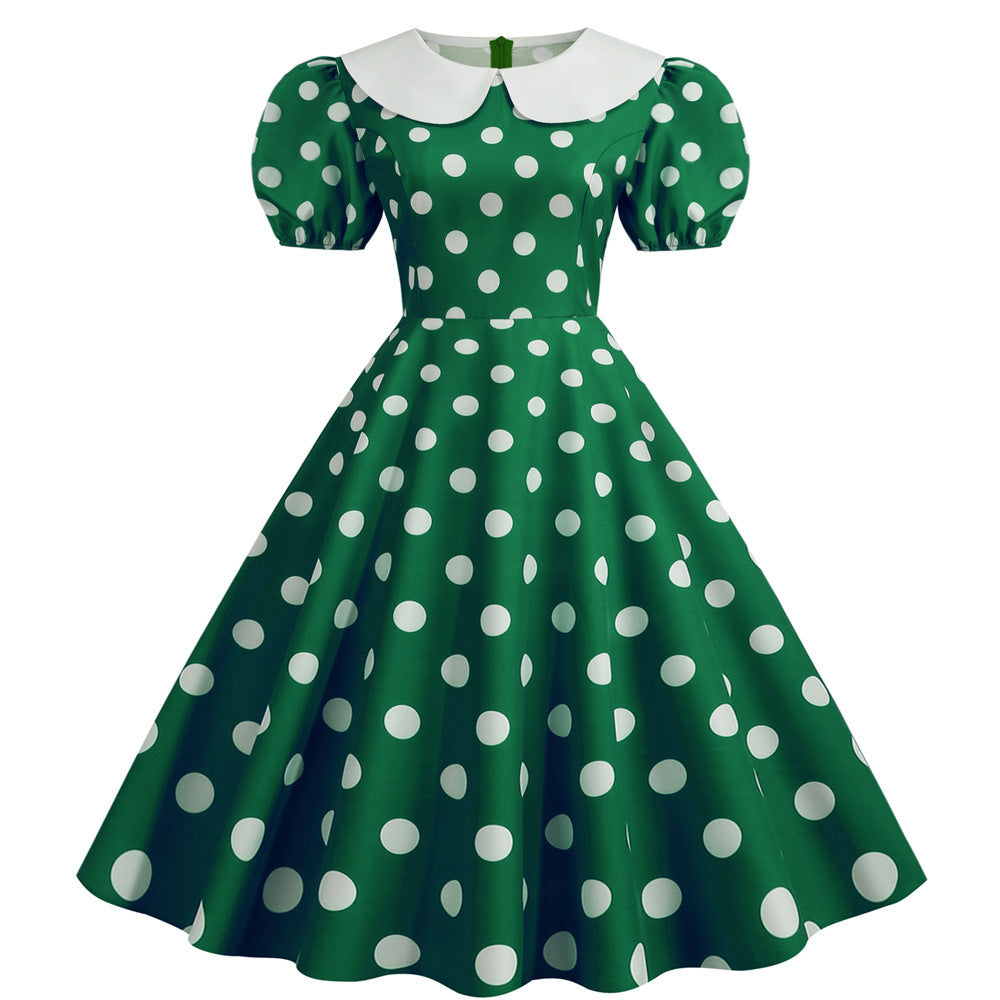 New Polka Dot Short Sleeve Doll Neck Fashionable Printed Party Dress