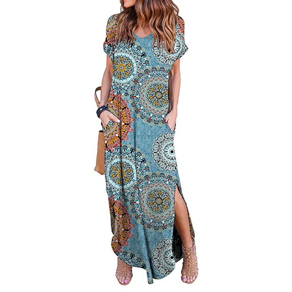Spring Amazon Explosive Printed Ladies Hedging V-neck Knit Casual Long Dress