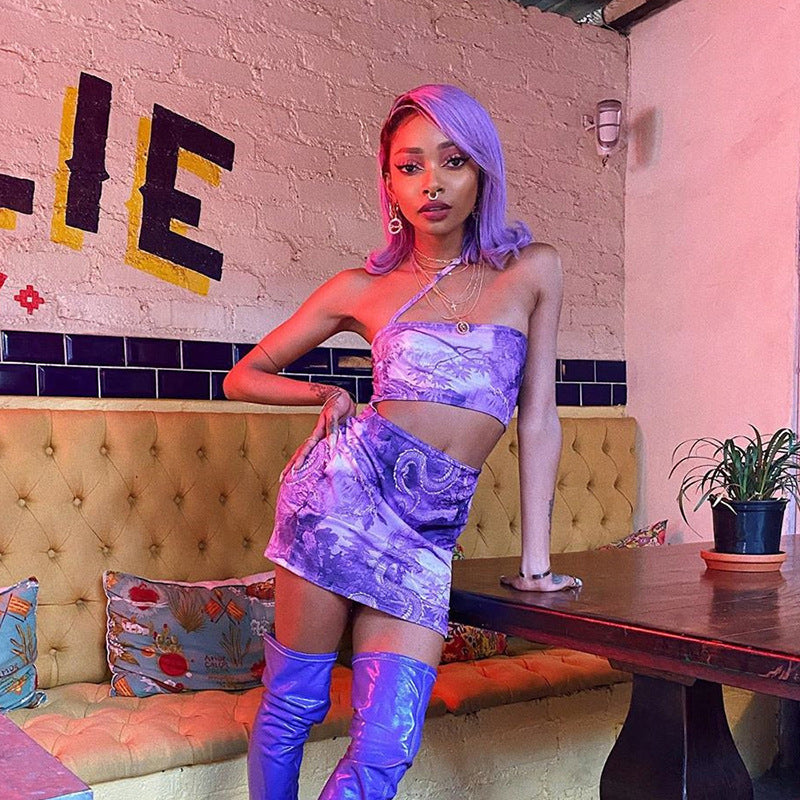 Hanging neck tube top sexy hollow print bag hip dress women