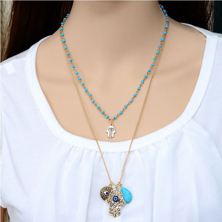 Bohemian Double Layer Rice Beads Turquoise Fatima Palm Necklace Sweater Chain