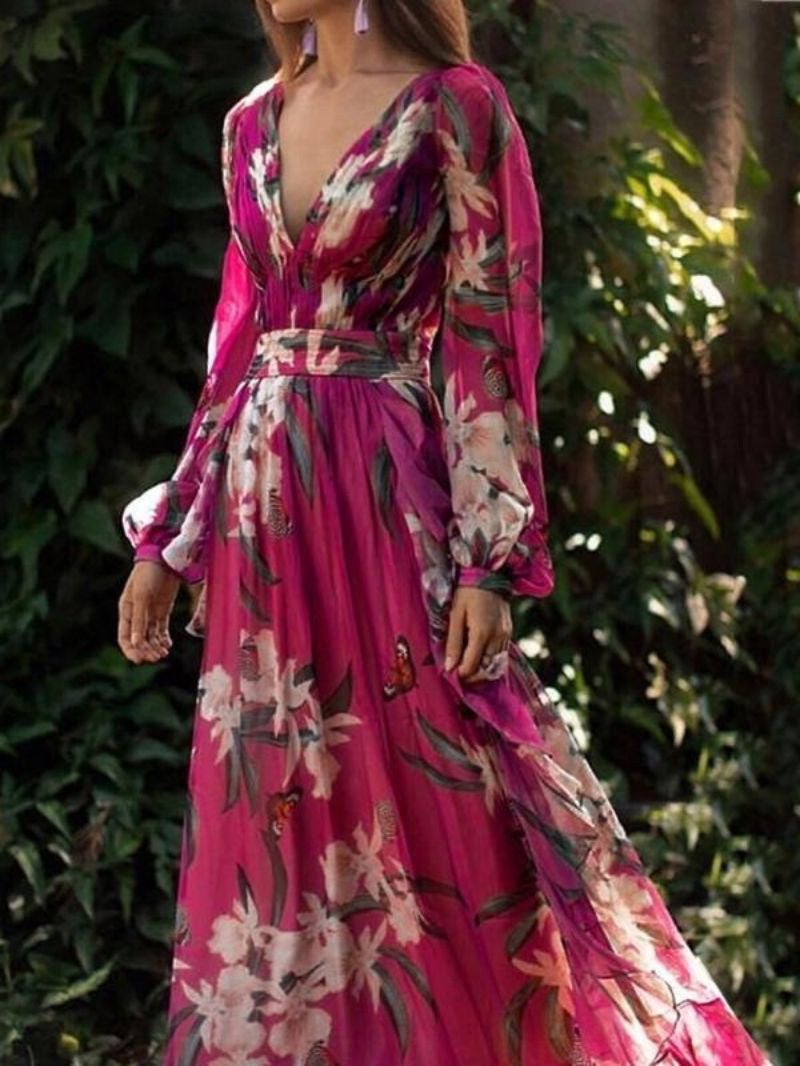 Women's Printed Wear V-neck Long Sleeve Big Hem Dress