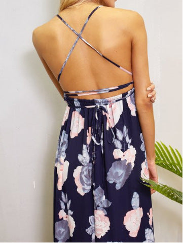Deep V halter print dress