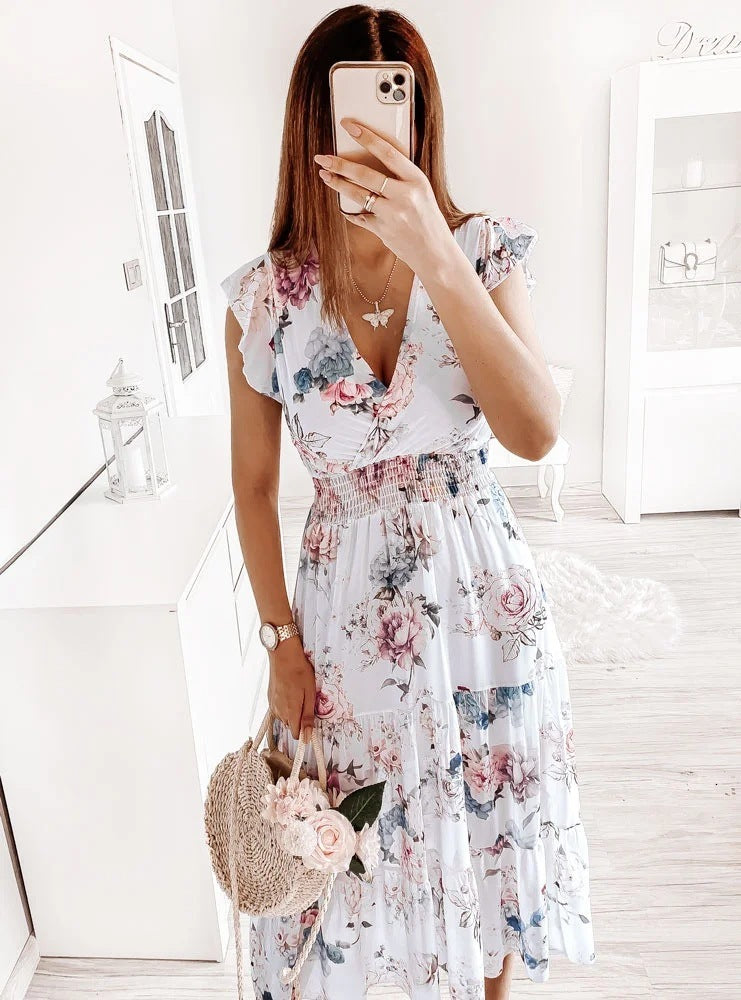 Women's Summer Ruffle Short Sleeve V-neck Print Dress
