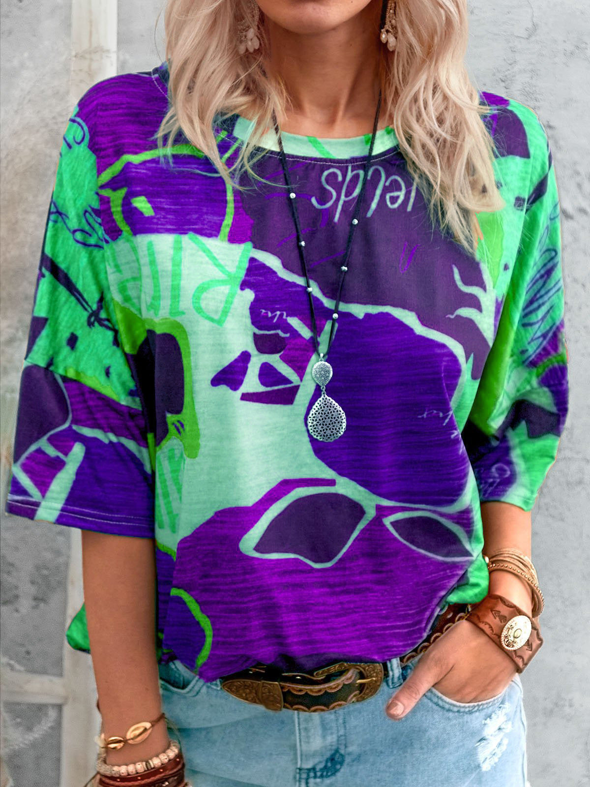 Fashion Ladies Round Neck Map Print T-shirt