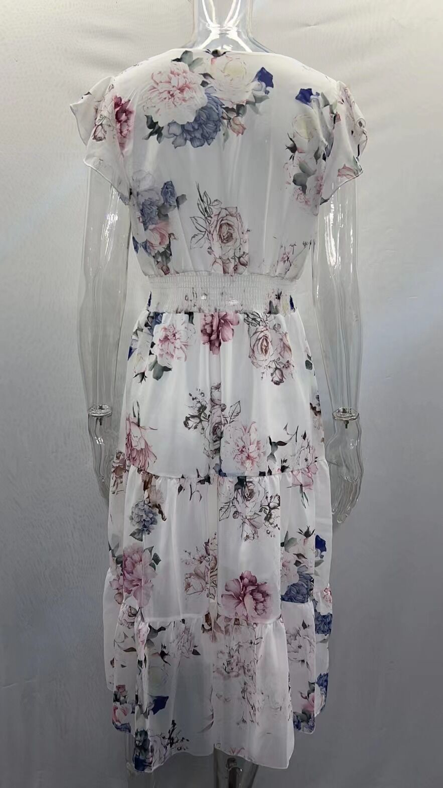Women's Summer Ruffle Short Sleeve V-neck Print Dress