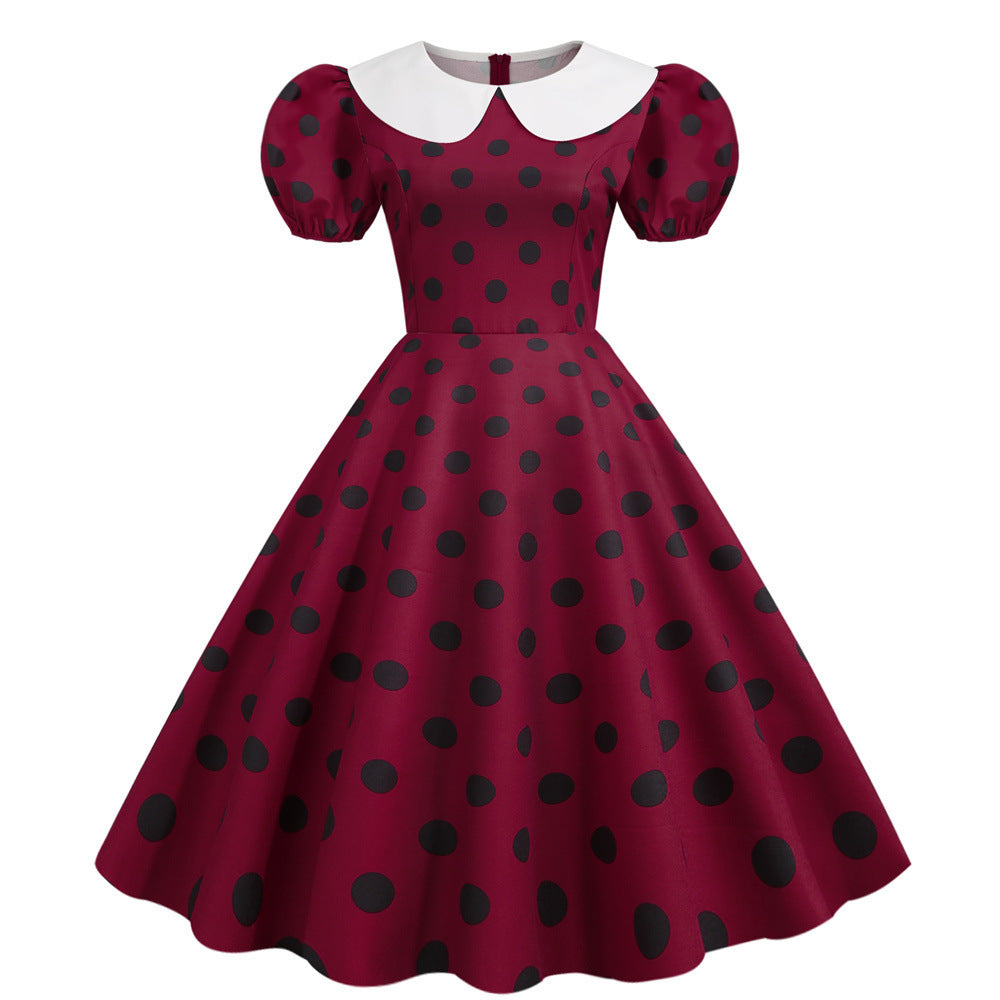 New Polka Dot Short Sleeve Doll Neck Fashionable Printed Party Dress