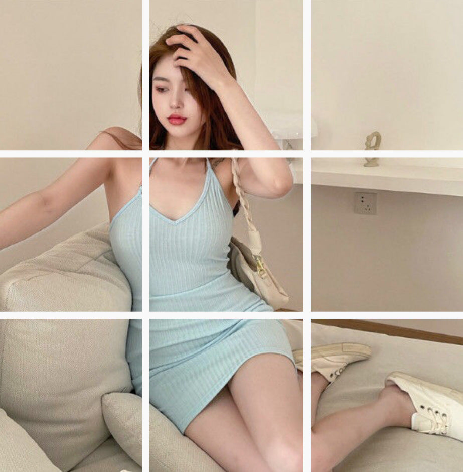 Tight Waist Slim Fit Halterneck With Suspenders Dress Women