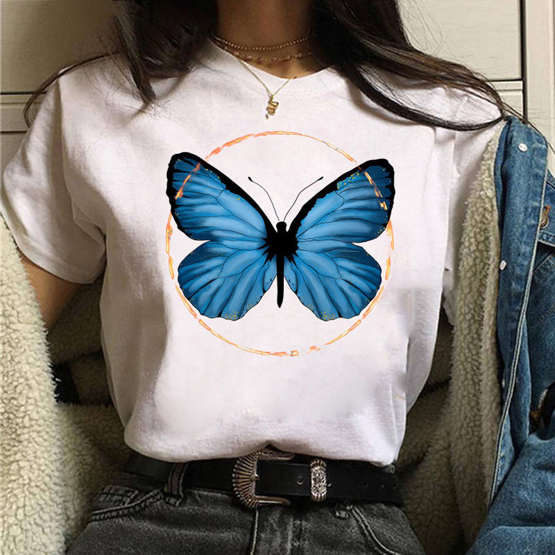 Printed White Ladies Casual Loose Personality Short Sleeves