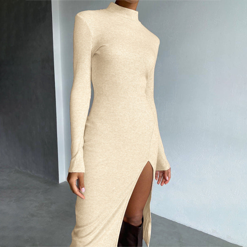 New High Waist Temperament Solid Color Stand Collar Long Sleeve All-match Dress For Women
