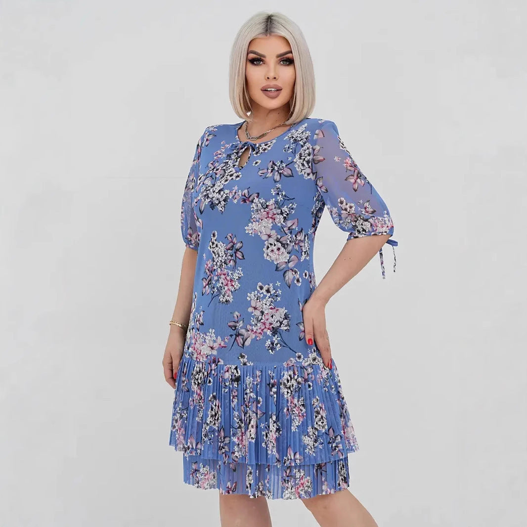 Women's Lace Up Simple Printed Pleated Dress