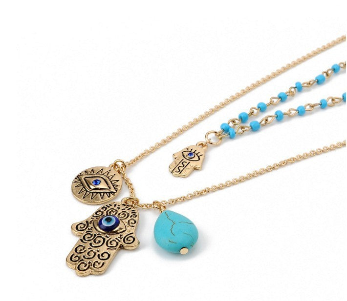 Bohemian Double Layer Rice Beads Turquoise Fatima Palm Necklace Sweater Chain