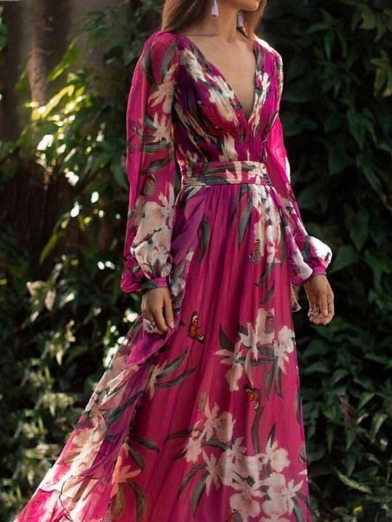 Women's Printed Wear V-neck Long Sleeve Big Hem Dress