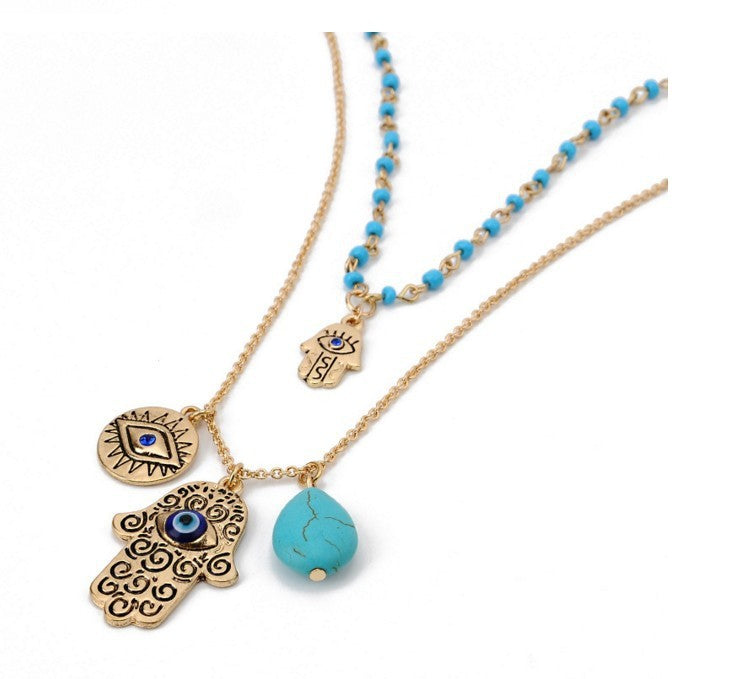 Bohemian Double Layer Rice Beads Turquoise Fatima Palm Necklace Sweater Chain