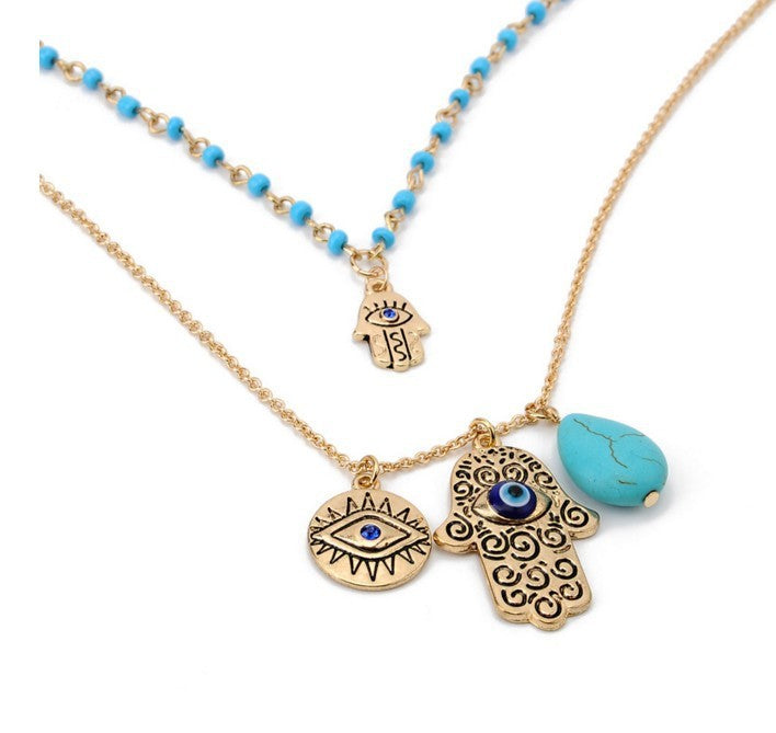 Bohemian Double Layer Rice Beads Turquoise Fatima Palm Necklace Sweater Chain