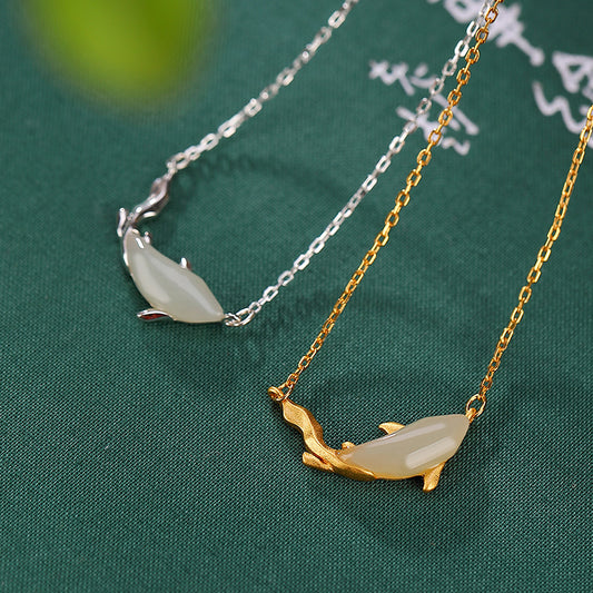 Sterling Silver Gold Plated White Jade Personality Dolphin Cute And Graceful Ladies' Pendant Silver Chain