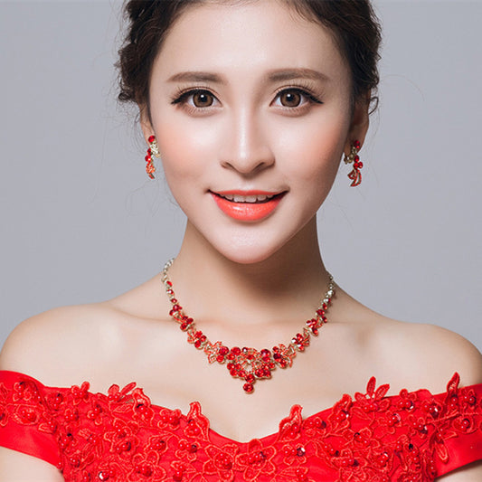 Bridal jewelry, red necklace, earrings, three sets of toast, clothing accessories wholesale