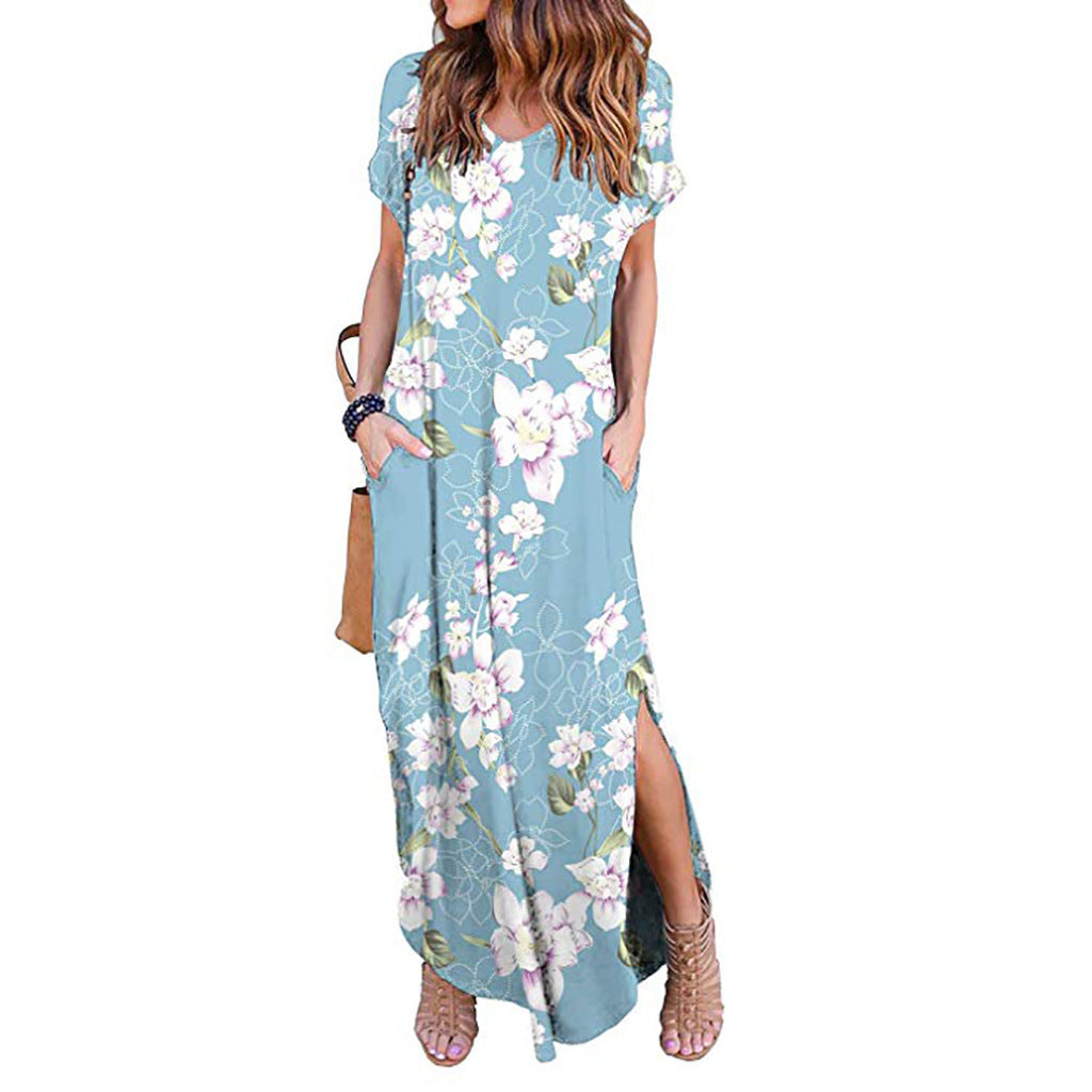 Spring Amazon Explosive Printed Ladies Hedging V-neck Knit Casual Long Dress