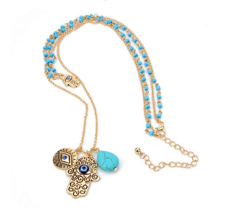 Bohemian Double Layer Rice Beads Turquoise Fatima Palm Necklace Sweater Chain