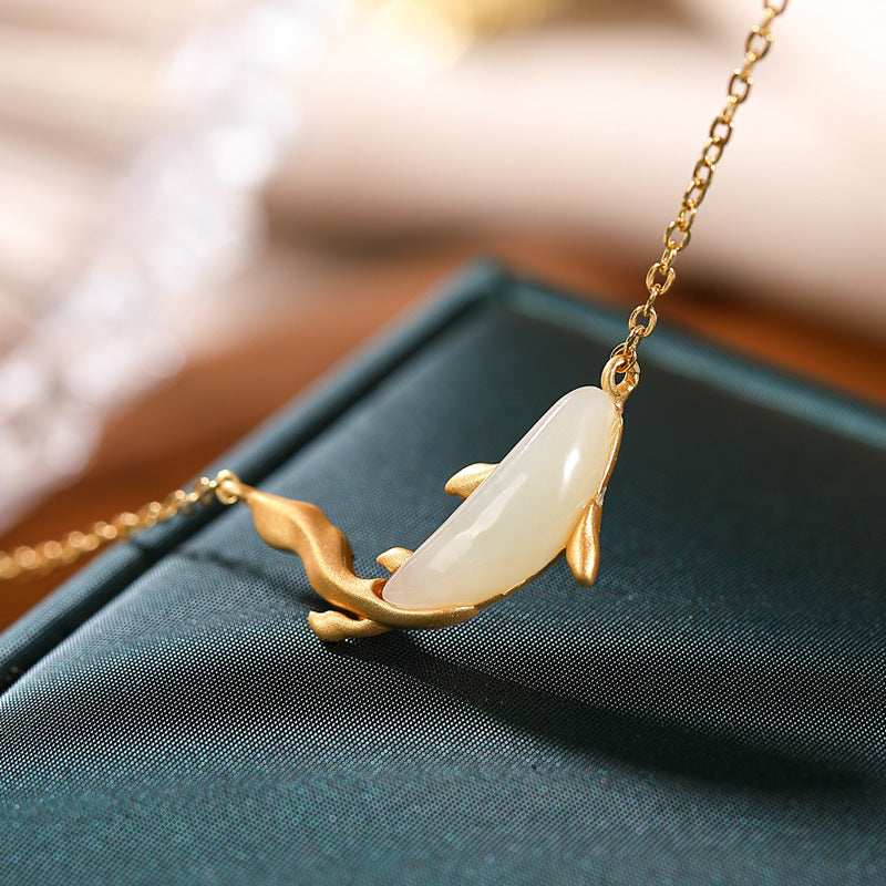 Sterling Silver Gold Plated White Jade Personality Dolphin Cute And Graceful Ladies' Pendant Silver Chain