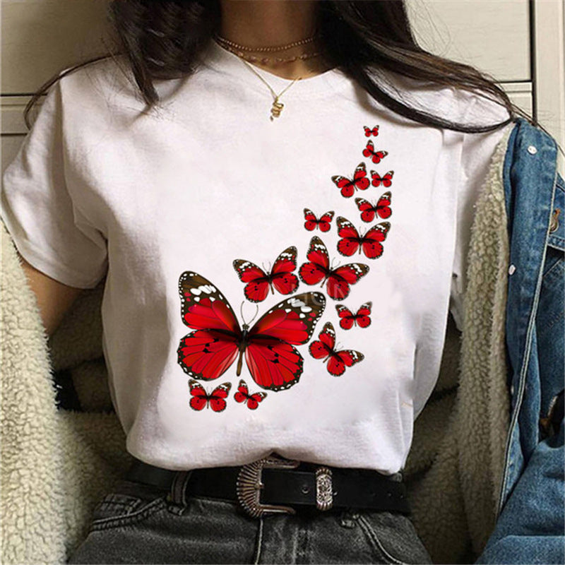 Printed White Ladies Casual Loose Personality Short Sleeves