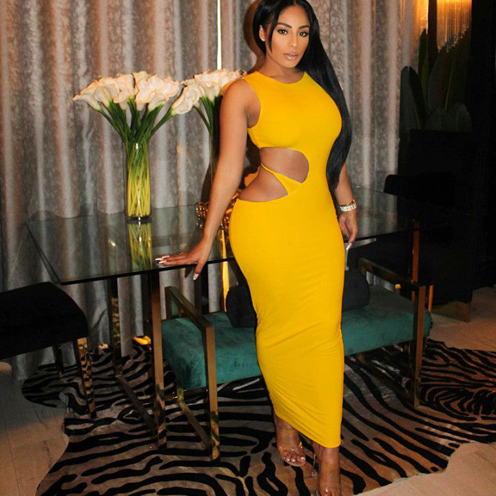 Fashion Round Neck Hollow Irregular Long Dress