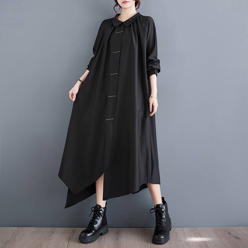 Korean Style Dark Black Bright Line Fashion Back Buttoned Dress