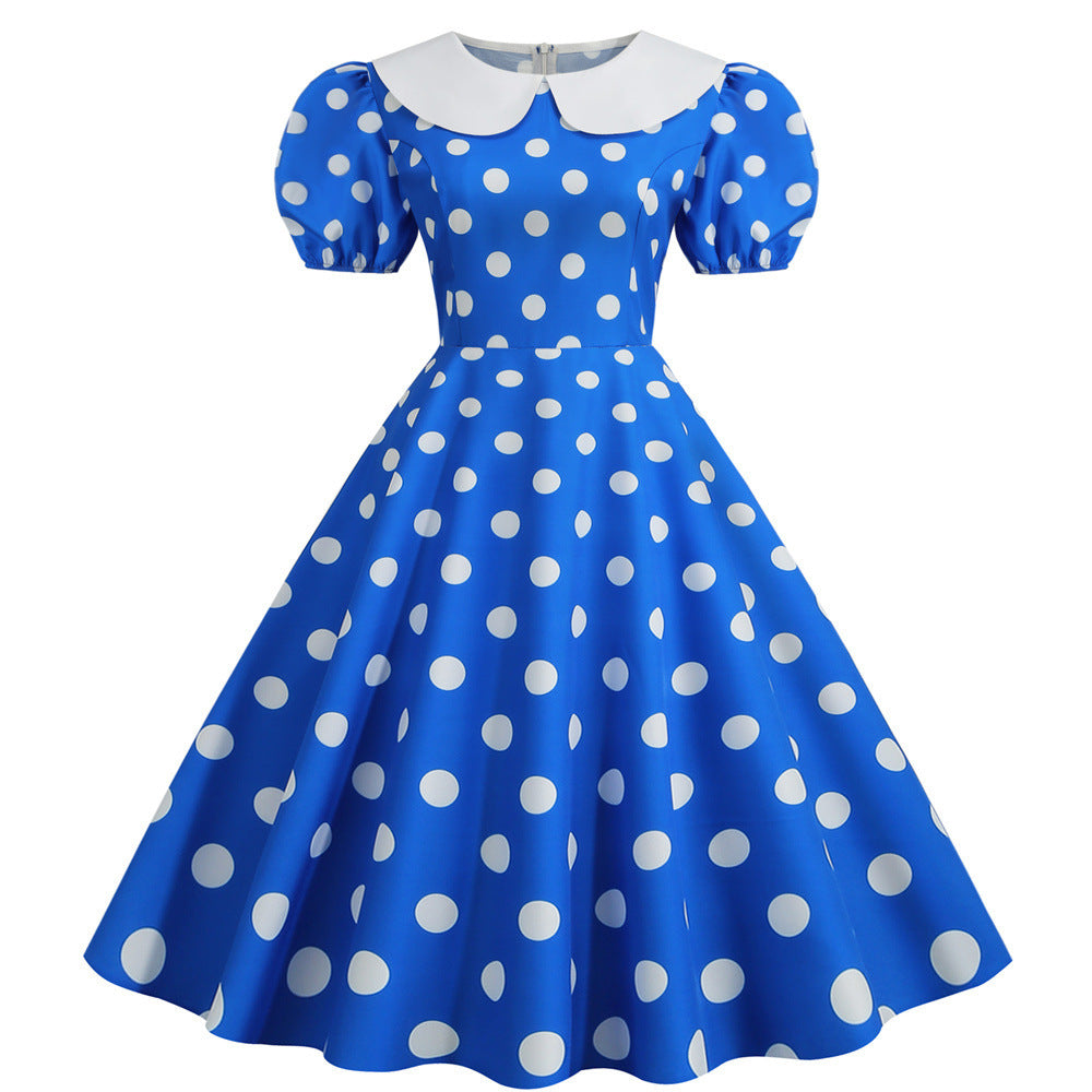New Polka Dot Short Sleeve Doll Neck Fashionable Printed Party Dress
