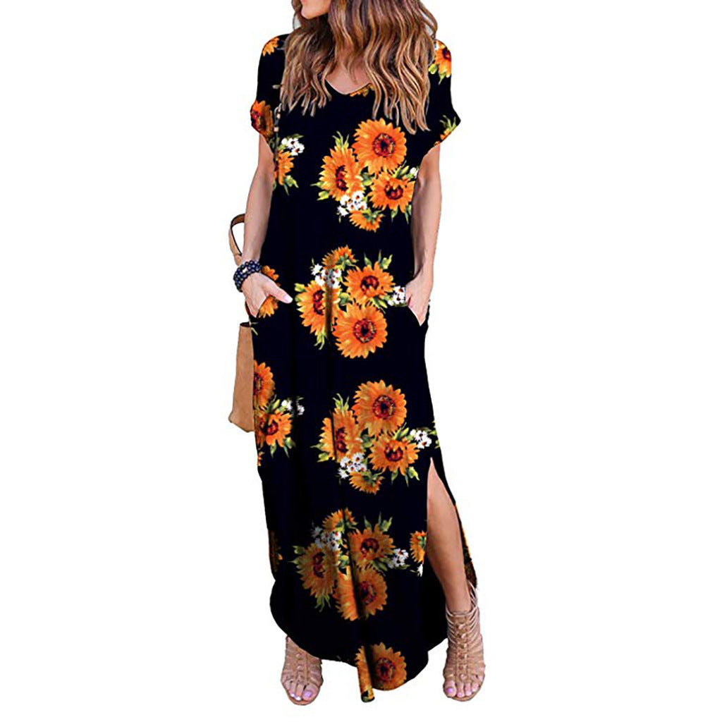 Spring Amazon Explosive Printed Ladies Hedging V-neck Knit Casual Long Dress