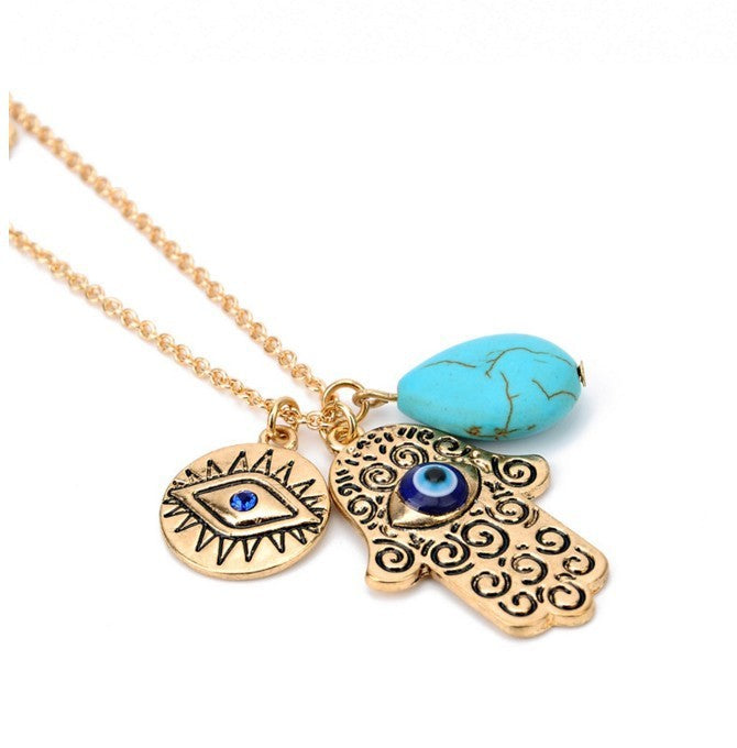 Bohemian Double Layer Rice Beads Turquoise Fatima Palm Necklace Sweater Chain