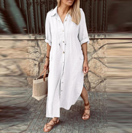 European And American Blouse Collar Cotton And Linen Button Long Dress