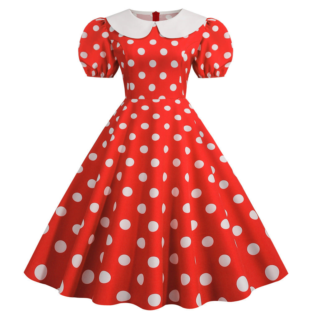 New Polka Dot Short Sleeve Doll Neck Fashionable Printed Party Dress
