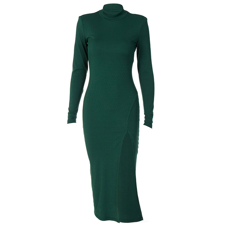 New High Waist Temperament Solid Color Stand Collar Long Sleeve All-match Dress For Women