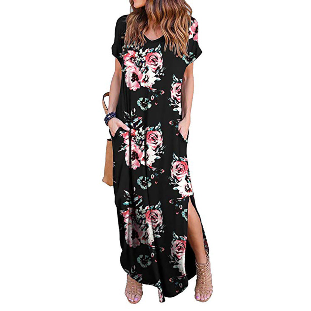 Spring Amazon Explosive Printed Ladies Hedging V-neck Knit Casual Long Dress